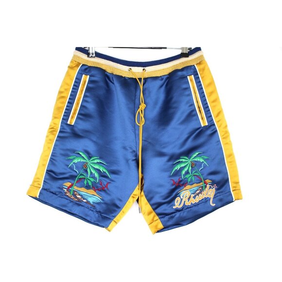 Rhude Mens 30 x 7.5 Palm Satin Souvenir Embroidered Heavy Shorts NEW O928 - Picture 1 of 6